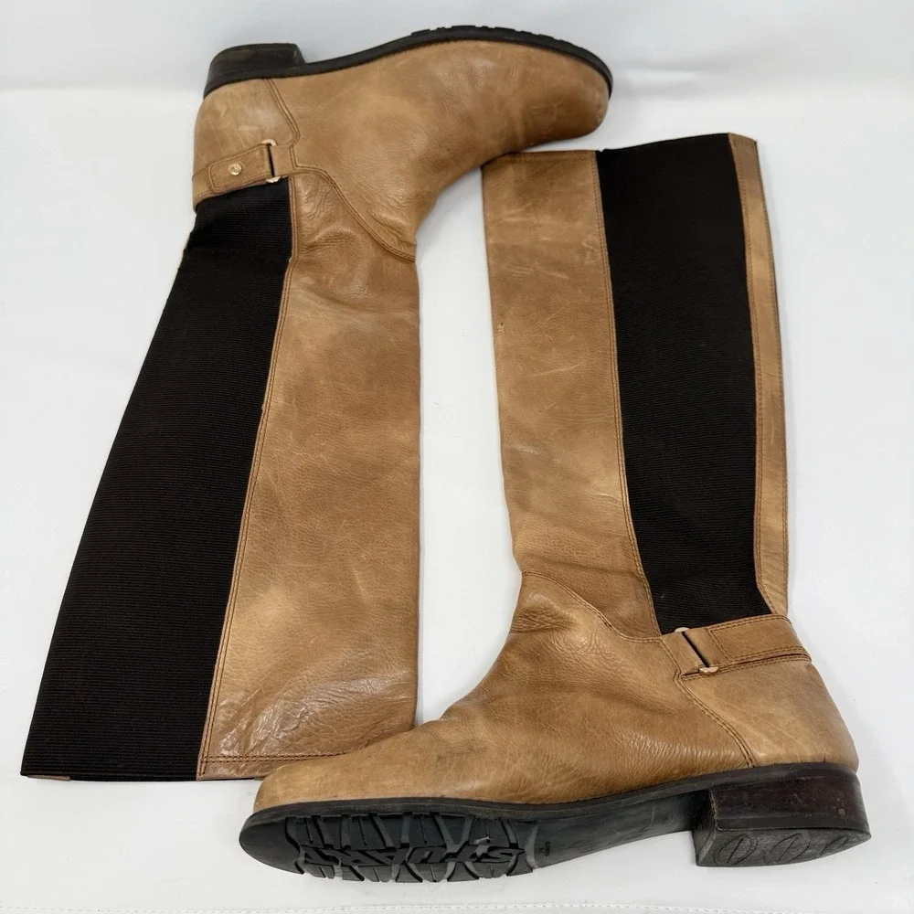 Stuart Weitzman Tall Riding Boots Womens 9.5M Tan Leather‎ Stretch Knee High